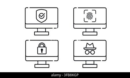 Cyber security and digital privacy computer monitors vector icons set. Black line art style on white background. Stock Vector