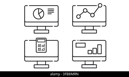 Business analytics and big data computer monitors vector icons set. Black line art style on white background. Stock Vector