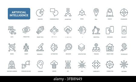 Artificial intelligence concepts for automation, machine learning, data systems and smart technology workflows across digital innovation projects black line icons set vector illustration Stock Vector