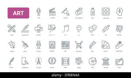 Creative arts and media symbols featuring painting, drawing, music, cinema, design and photography tools for cultural, studio and education themes black line icons set vector illustration Stock Vector