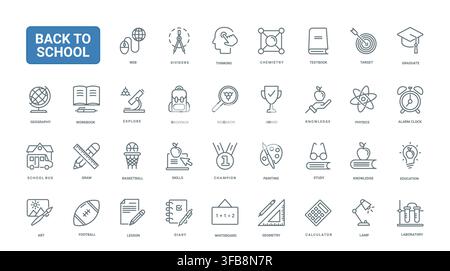 Back to school education symbols featuring classroom learning, science study, sports, art and academic achievement for student and campus themes black line icons set vector illustration Stock Vector