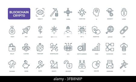 Blockchain and cryptocurrency symbols covering mining, wallets, encryption, cloud storage, analytics and decentralized digital finance workflows black line icons set vector illustration Stock Vector