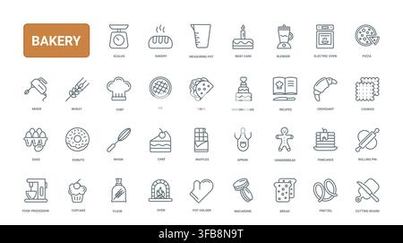 Bakery themed food and baking symbols featuring bread, cakes, pastries, kitchen tools and dessert elements for menus, packaging and culinary branding black line icons set vector illustration Stock Vector