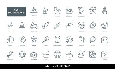 Automotive maintenance and repair symbols covering diagnostics, towing, washing, tools, engine parts and emergency service for garage and workshop use black line icons set vector illustration Stock Vector