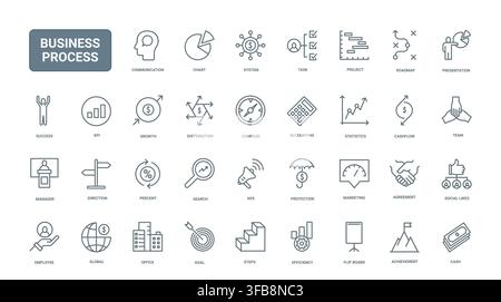 Business process management symbols for planning, workflow analysis, communication, finance, teamwork and performance tracking in corporate operations black line icons set vector illustration Stock Vector