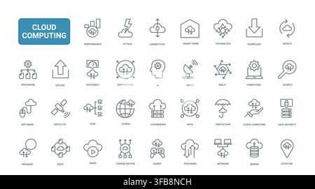 Cloud computing symbols showing storage, network, upload, security, server and data exchange concepts for digital infrastructure and online services black line icons set vector illustration Stock Vector
