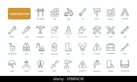 Construction tools, site safety gear and building equipment symbols for engineering, renovation and contractor workflow visuals black line icons set vector illustration Stock Vector