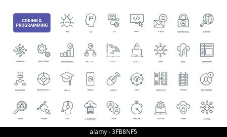 Coding and programming symbols for software development, debugging, security, cloud systems, wireframes and digital engineering workflows black line icons set vector illustration Stock Vector