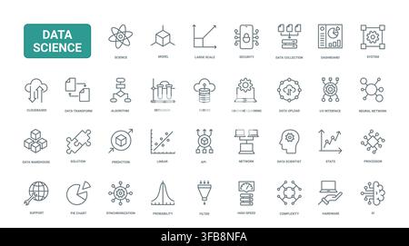 Data science symbols covering analytics, machine learning, neural networks, dashboards, servers and research workflows for digital technology projects black line icons set vector illustration Stock Vector