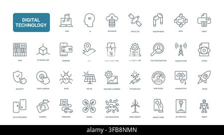 Digital technology symbols covering AI, database systems, satellites, security, robotics, smart home devices and machine learning applications black line icons set vector illustration Stock Vector