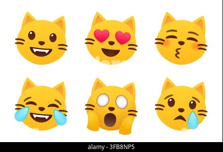 Set of cute yellow cat emoticons with different expressions. Funny cat emoji faces. Simple cartoon vector illustration. Stock Vector
