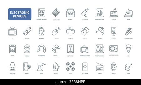 Electronic devices and household appliance symbols covering communication, computing, kitchen tools and personal technology for interface and retail use black line icons set vector illustration Stock Vector