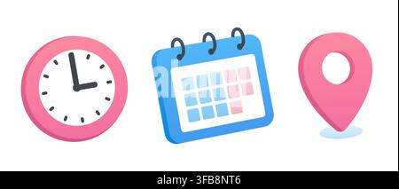 Time, date, location icons. Simple cartoon calendar, clock, and direction pin. Vector illustration set. Stock Vector