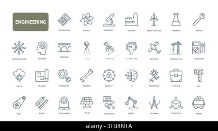 Engineering symbols covering research, physics, construction, factory systems, robotics and industrial tools for technical design and innovation workflows black line icons set vector illustration Stock Vector