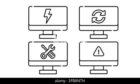 Computer maintenance and PC performance monitor vector icons set. Black line art style on white background. Stock Vector
