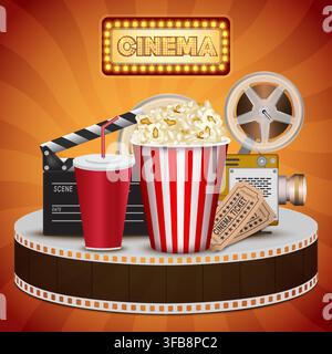Realistic popcorn on orange background, popcorn concept in cinema and entertainment in cinema.3D popcorn for Poster design, advertisement, web banner. Stock Vector