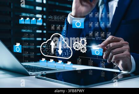 Cloud computing technology and AI document management system concept. file automation system, upload data, organize online corporate files folder, dig Stock Photo