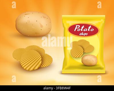 Realistic mockup package of yellow chips package with label isolated on yellow background, foil bags with potato snack, vector illustration Stock Vector