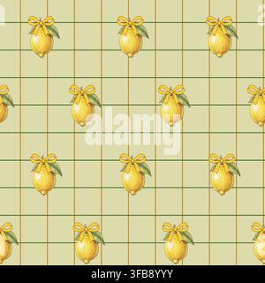 High-quality vector repeat pattern featuring watercolor style illustrations of ripe yellow lemons tied with cute ribbon bows over a classic checkered Stock Vector
