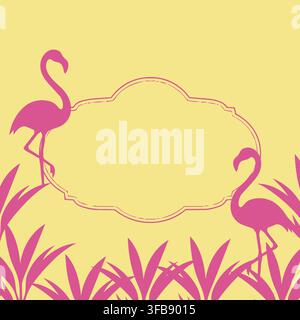 Beautiful summer theme card template with realistic silhouettes of pink flamingos and jungle grass on a clean yellow backdrop. Complete with a central Stock Vector