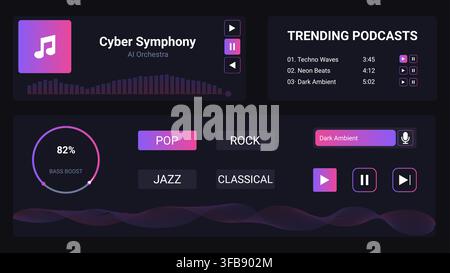 Premium vector user interface components for audio streaming and music applications. Modern dark theme layout in neon pop style featuring a mini music Stock Vector