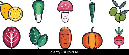 Colorful vector illustration set of organic vegetables, fruits, and mushrooms in a cute cartoon style on a white background. Stock Vector