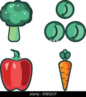 Vector illustration of broccoli, carrot, red pepper and cucumber slices, colorful vegetable icons isolated on white background Stock Vector