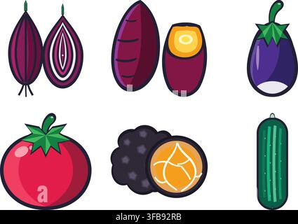 Set of flat vector icons featuring various fresh vegetables and fruits Stock Vector