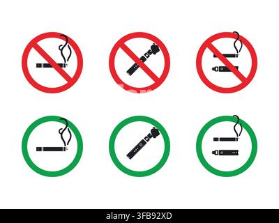 Set of smoking and vaping prohibition and permission signs in flat vector Stock Vector