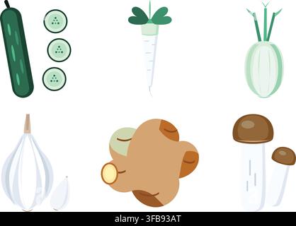 Set of flat vector illustrations featuring fresh vegetables and mushrooms Stock Vector