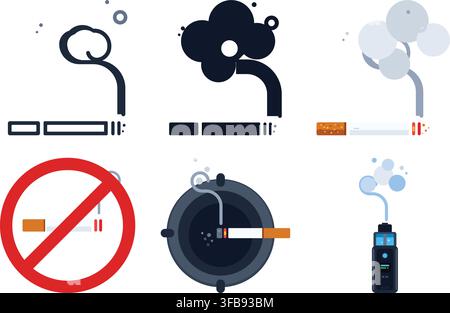 Set of smoking and vaping icons featuring cigarettes and electronic devices Stock Vector
