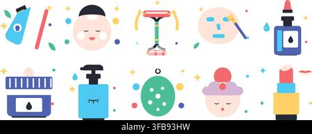 Set of flat vector beauty and skincare icons for cosmetic branding design Stock Vector