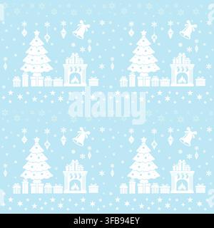 Seamless winter pattern with Christmas tree, fireplace and gifts in soft blue tones. Stock Vector