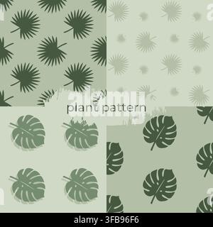 Collection of four seamless tropical patterns featuring monstera and palm leaves. Designed in a minimal modern style with a soft green color palette. Stock Vector
