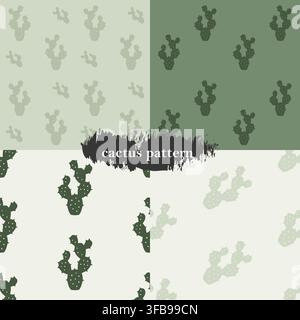 Set of four seamless cactus patterns designed in a minimal boho style. Features simple cactus silhouettes, soft neutral green color palette and clean Stock Vector
