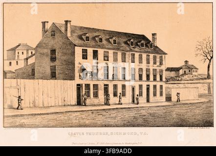 Lithograph of the infamous Castle Thunder military prison in Richmond, Virginia, dating from the American Civil War. Originally a tobacco factory (warehouse) on Cary Street, it was converted into a prison by the Confederate government during the Civil War (1861-1865). This is an authentic, high-resolution, digitally restored reproduction from a 19th-century original. The exact date of the depiction is unknown. American history. Stock Photo