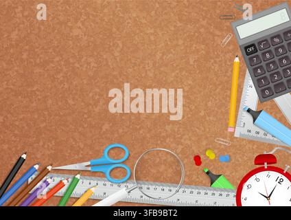 Back to School Stationery Flat Lay on Cork Board Background with Copy Space. School and office supplies flat lay on cork board. Stock Vector