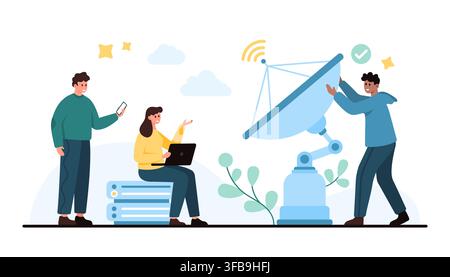 People using laptop and smartphone near satellite dish for broadband communication, wireless network access, remote connectivity, digital data transfer isolated on white background vector illustration Stock Vector