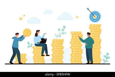 People managing savings and investment with rising coin stacks, laptop planning, dollar coin and target goal, financial growth concept isolated on white background vector illustration Stock Vector