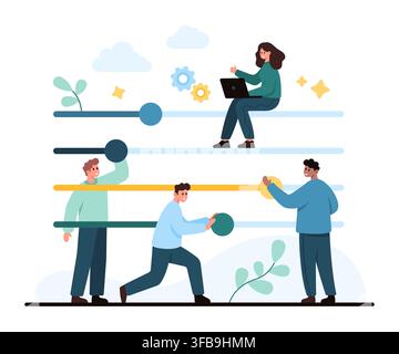 People adjusting interface sliders with laptop, gears and controls, showing settings customization, teamwork, software configuration, isolated on white background vector illustration Stock Vector