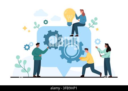 People working around gears and a light bulb inside a settings icon, showing teamwork, innovation, configuration, and problem solving isolated on white background vector illustration Stock Vector