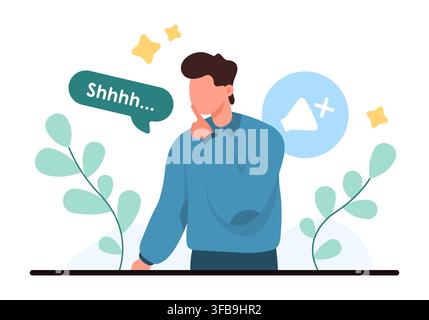 Young man making a silence gesture with finger on lips, expressing secret, quiet, privacy and hush message in flat design isolated on white background vector illustration Stock Vector