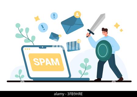 Laptop screen shows spam folder while a man with shield and sword blocks suspicious email messages, alerts and inbox threats, isolated on white background vector illustration Stock Vector