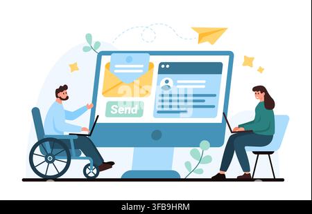 People using laptops beside a large desktop screen with envelope, send button and paper plane, showing online email messaging, accessible digital communication isolated on white vector illustration Stock Vector