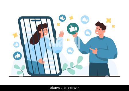 Woman trapped inside smartphone bars while man offers like icons, showing social media addiction, digital dependence and online validation craving isolated on white background vector illustration Stock Vector