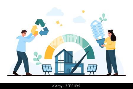 Smart eco house concept with solar panels, recycling arrows, efficiency gauge and energy saving lamp, featuring sustainable home technology isolated on white background vector illustration Stock Vector