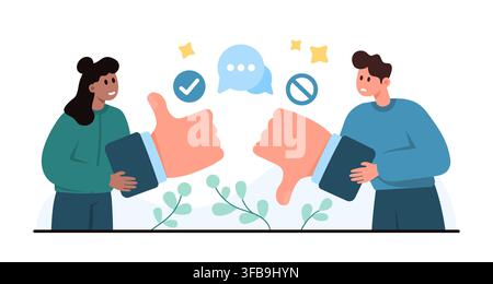 Positive and negative feedback concept with two people, thumbs up and thumbs down, chat icons and rating symbols, isolated on white background vector illustration Stock Vector