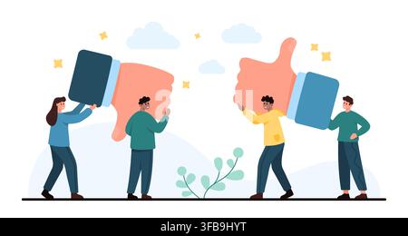 People carry giant thumbs up and thumbs down icons to show positive and negative feedback, approval, dislike, rating, review, and opinion concepts isolated on white background vector illustration Stock Vector