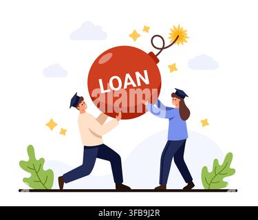 Graduates struggle to carry a ticking loan bomb, showing student debt pressure, tuition costs, repayment stress, and financial burden after college on white background vector illustration Stock Vector