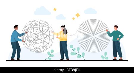 People transform a tangled line into an organized spiral, showing problem solving, logic, teamwork and mental clarity in a clean flat design isolated on white background vector illustration Stock Vector